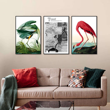 3 Piece Nordic Green and Red Flamingo Canvas Wall Art