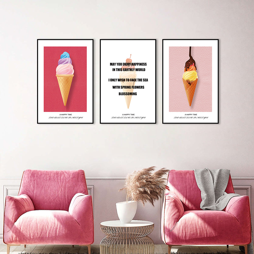 3 Piece Happy Ice Cream Canvas Wall Art