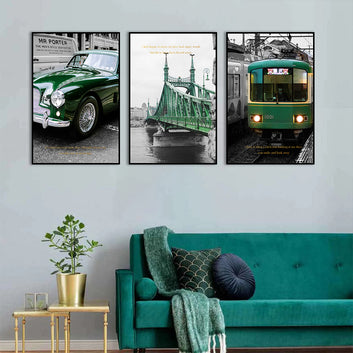 3 Piece Nordic Green Train and Car Canvas Wall Art