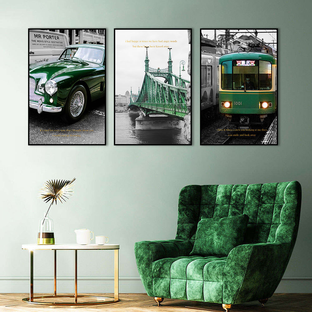 3 Piece Nordic Green Train and Car Canvas Wall Art