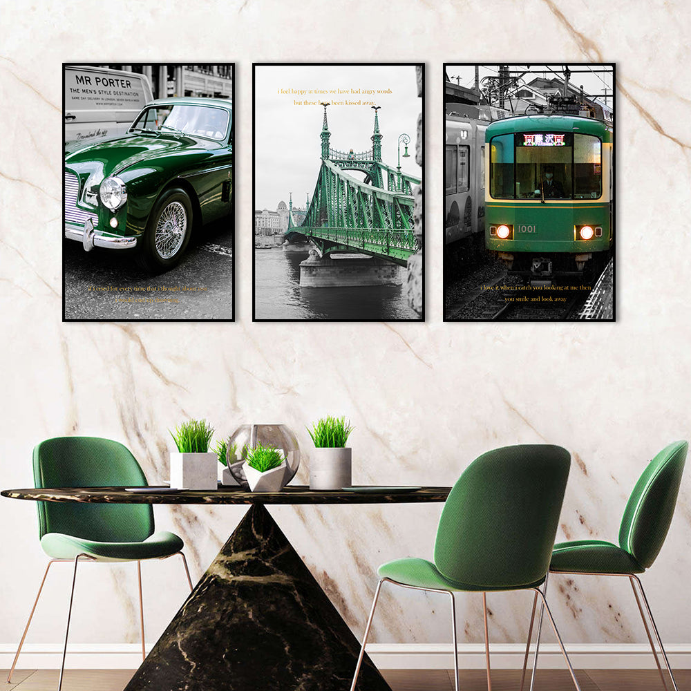 3 Piece Nordic Green Train and Car Canvas Wall Art