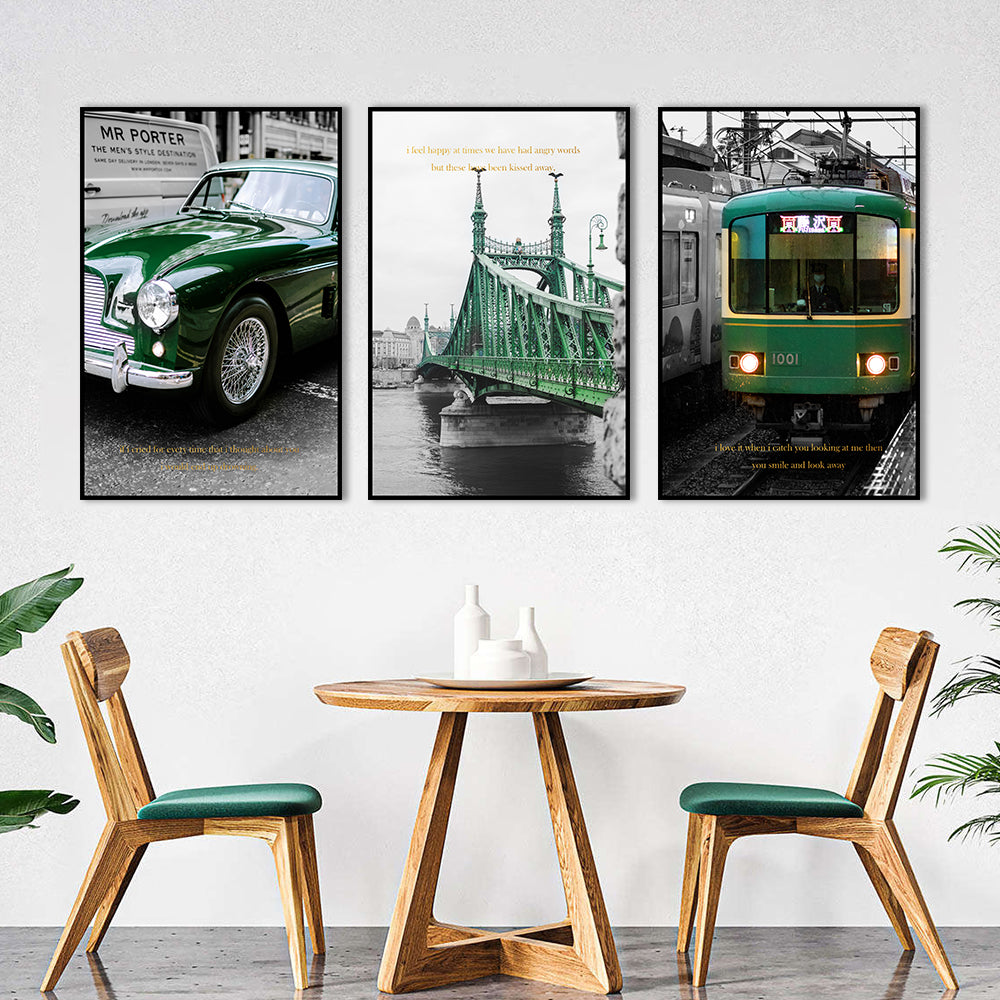 3 Piece Nordic Green Train and Car Canvas Wall Art