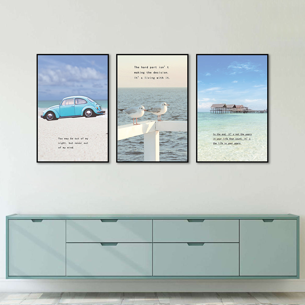 3 Piece Nordic Blue Waves and Beach House Canvas Wall Art