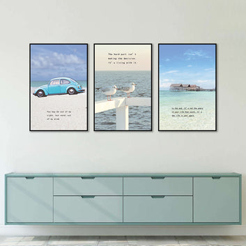 3 Piece Nordic Blue Waves and Beach House Canvas Wall Art