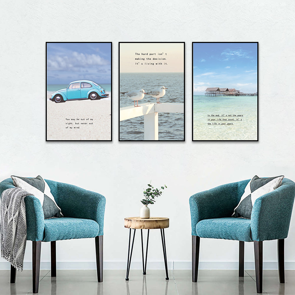 3 Piece Nordic Blue Waves and Beach House Canvas Wall Art