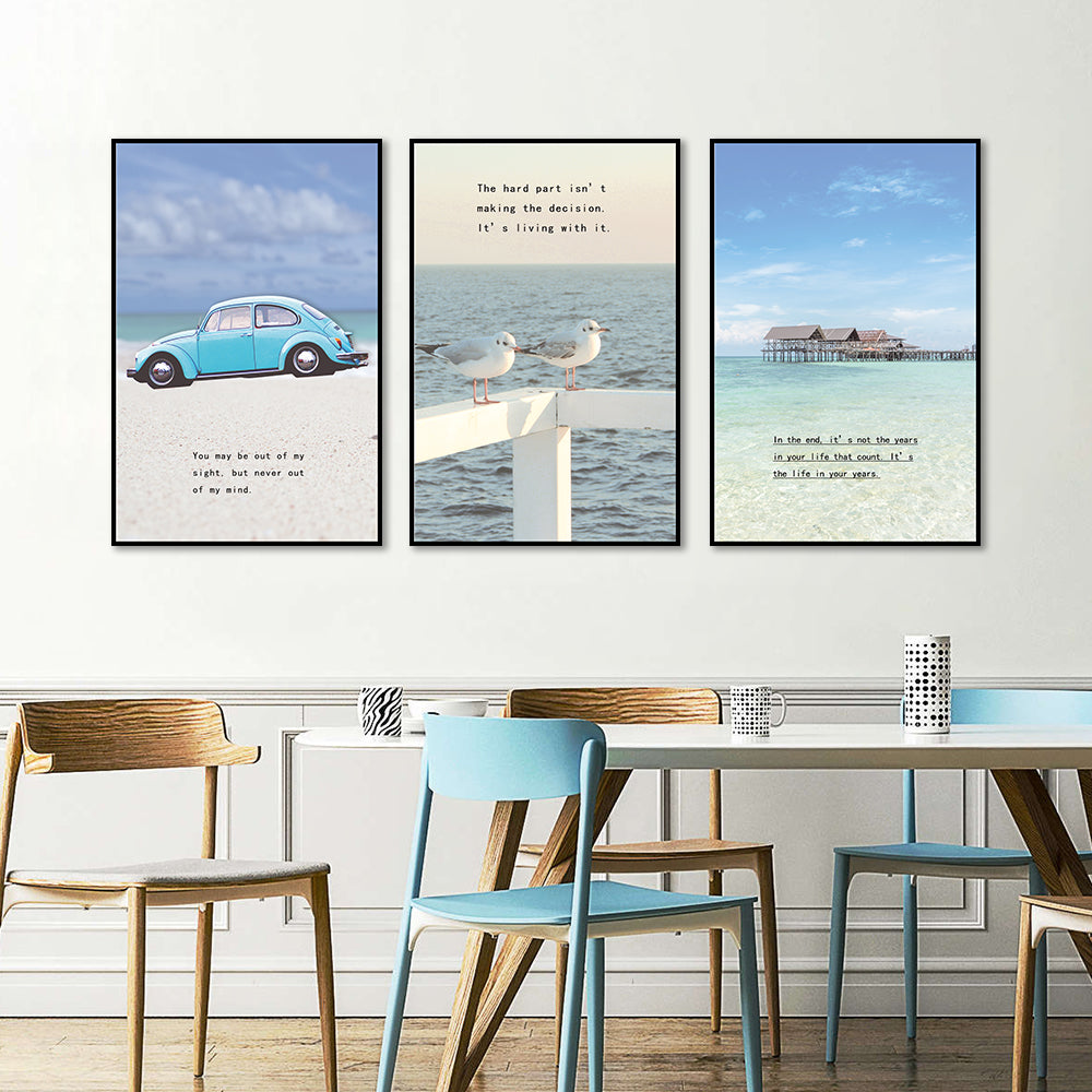 3 Piece Nordic Blue Waves and Beach House Canvas Wall Art