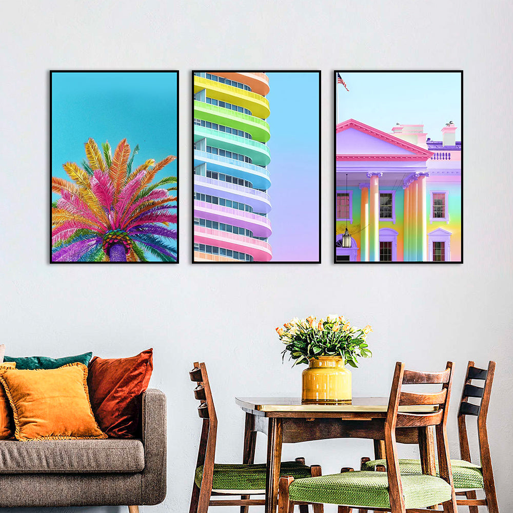 3 Piece Nordic Colorful Building and Pink Flower Canvas Wall Art