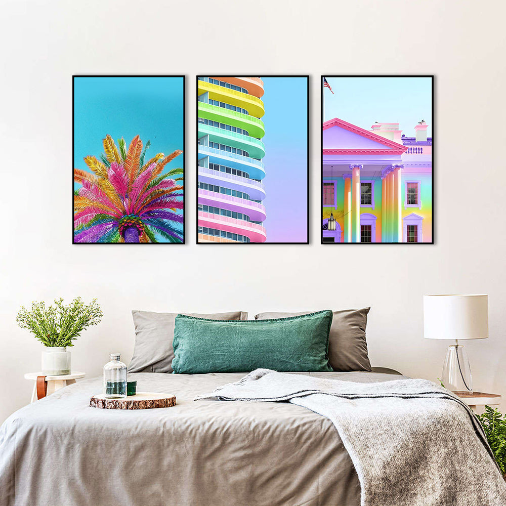 3 Piece Nordic Colorful Building and Pink Flower Canvas Wall Art