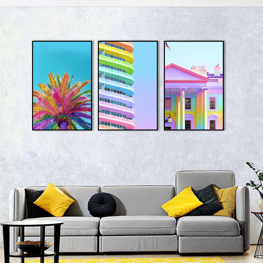 3 Piece Nordic Colorful Building and Pink Flower Canvas Wall Art