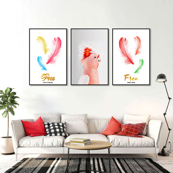 3 Piece Nordic Colorful Feathers and Parrot Canvas Wall Art