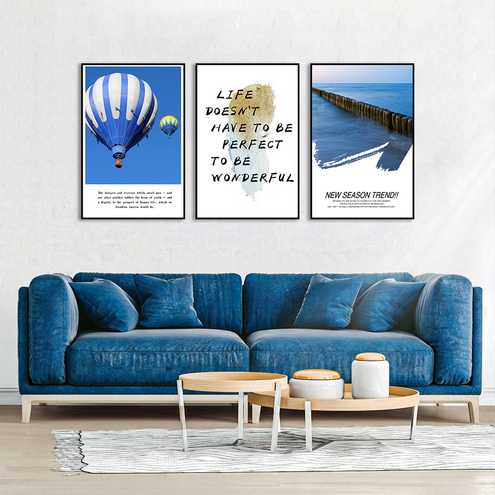 3 Piece Nordic Hot Balloon and Life Quote Canvas Wall Art