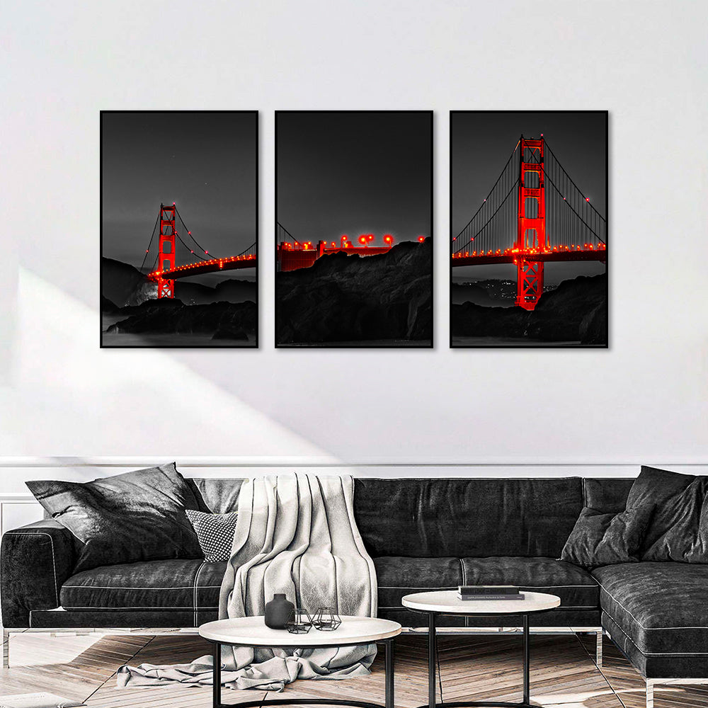 3 Piece Golden Gate Bridge Night View Canvas Wall Art