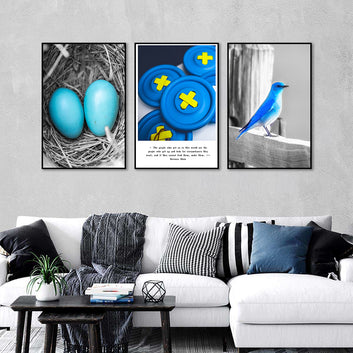 3 Piece Nordic Blue Bird and Egg Canvas Wall Art