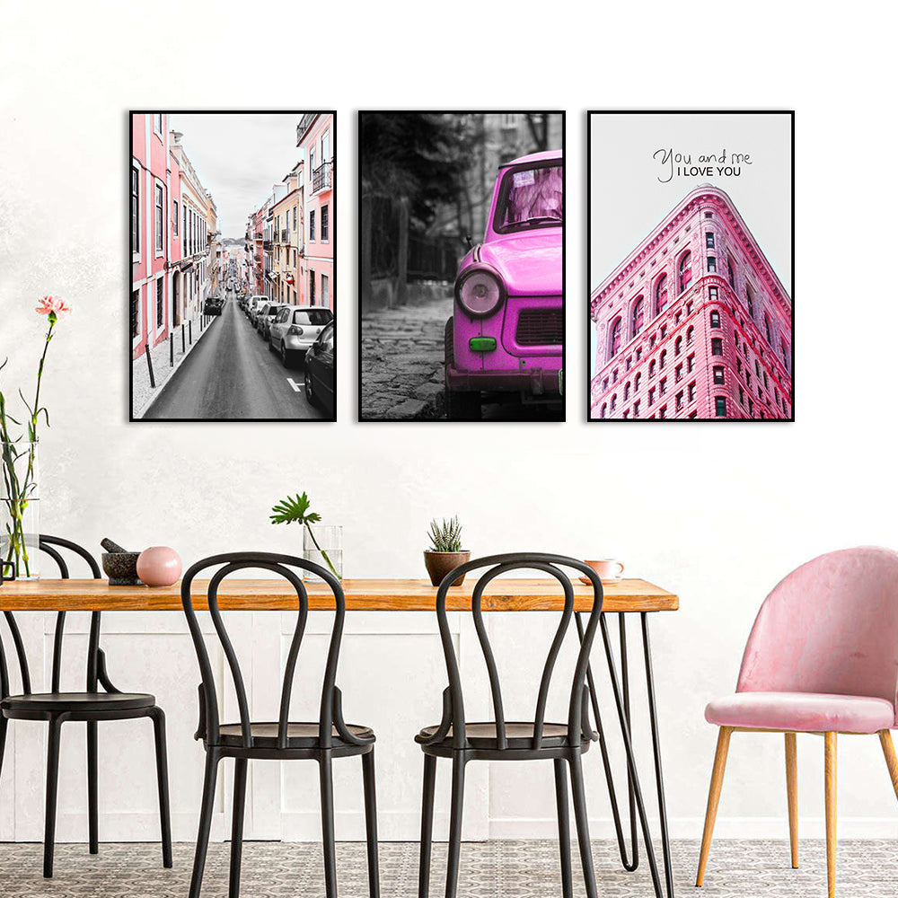 3 Piece Nordic Red Architecture and Car Canvas Wall Art