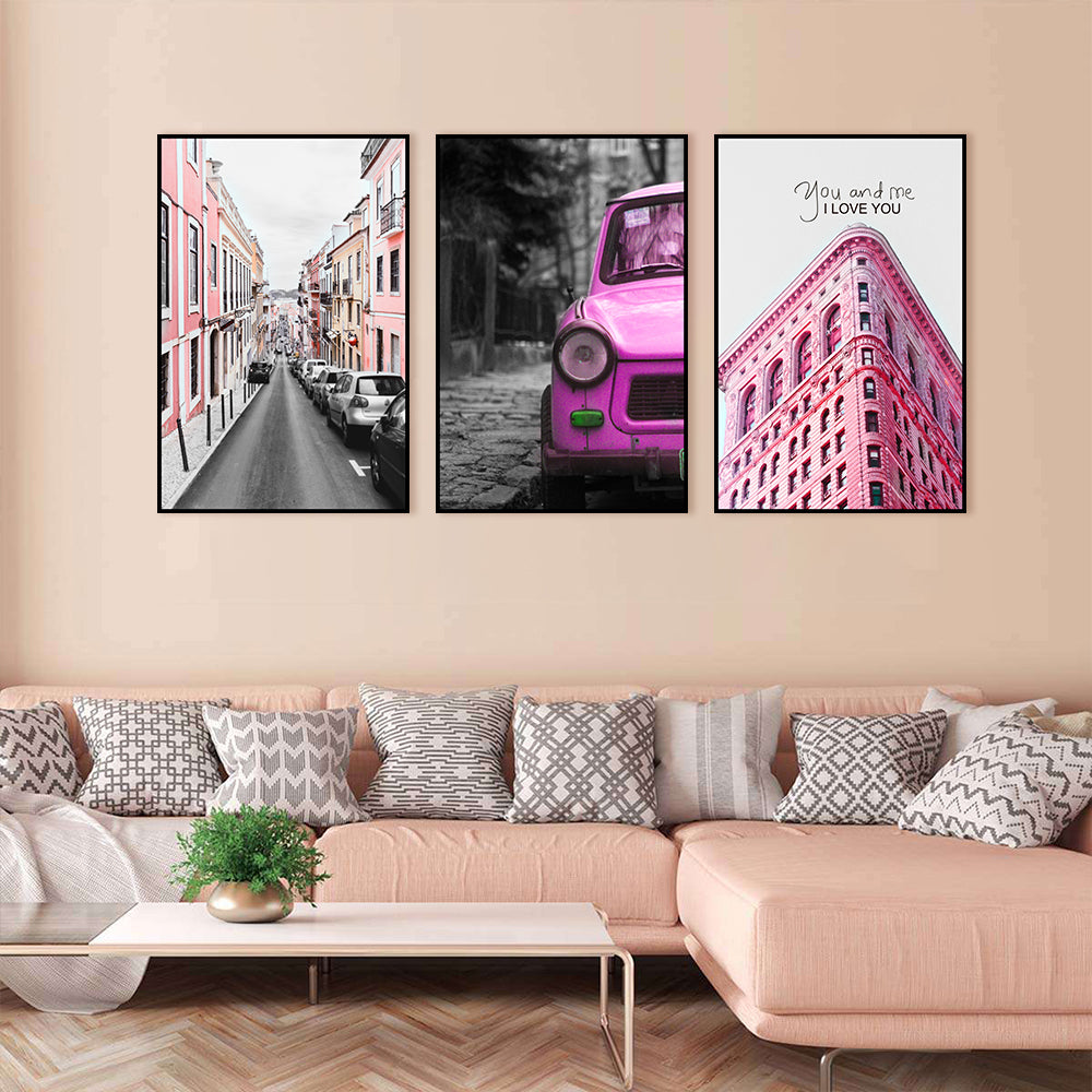 3 Piece Nordic Red Architecture and Car Canvas Wall Art