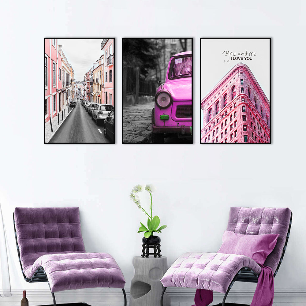 3 Piece Nordic Red Architecture and Car Canvas Wall Art