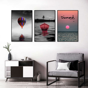 3 Piece Nordic Colorful Balloon and Boat in Sunset Canvas Wall Art