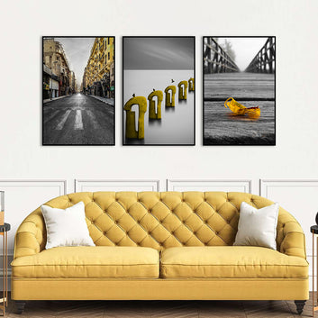 3 Piece Nordic Yellow Street and Leaf Canvas Wall Art