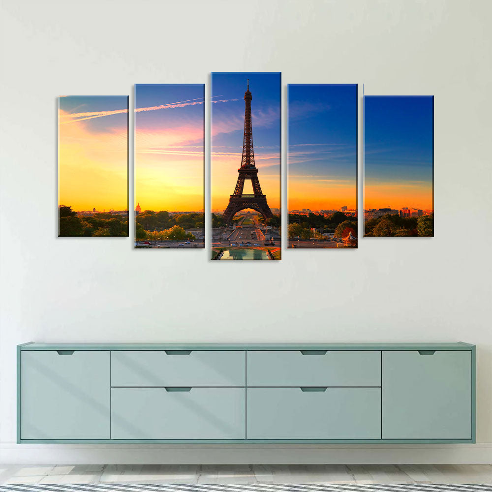 5 Piece Paris Eiffel Tower in Sunset Canvas Wall Art
