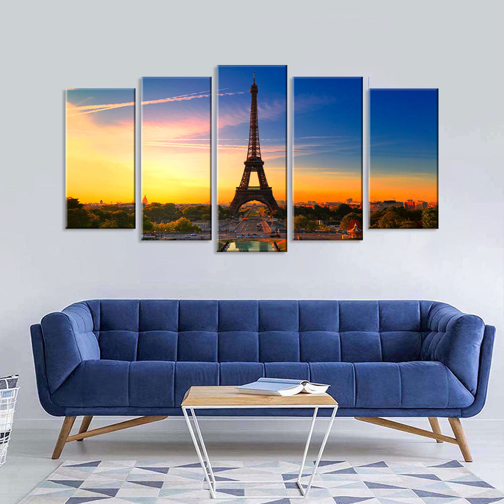 5 Piece Paris Eiffel Tower in Sunset Canvas Wall Art