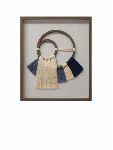 Macrame Shadow Box Wall Art Match With Blue and White Fringe