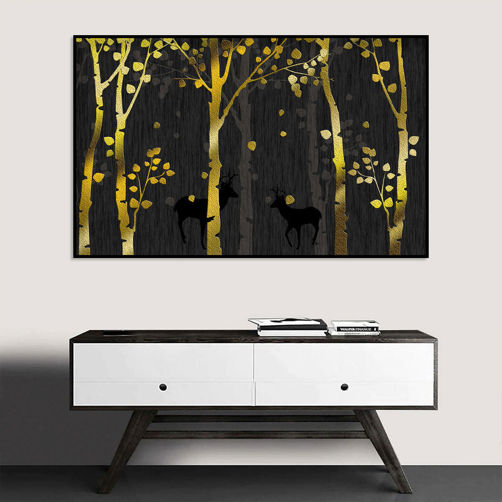 Golden Forest Deer Silhouette Canvas Wall Art