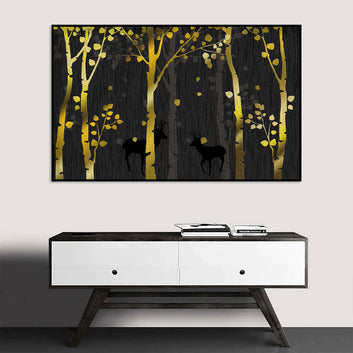 Golden Forest Deer Silhouette Canvas Wall Art