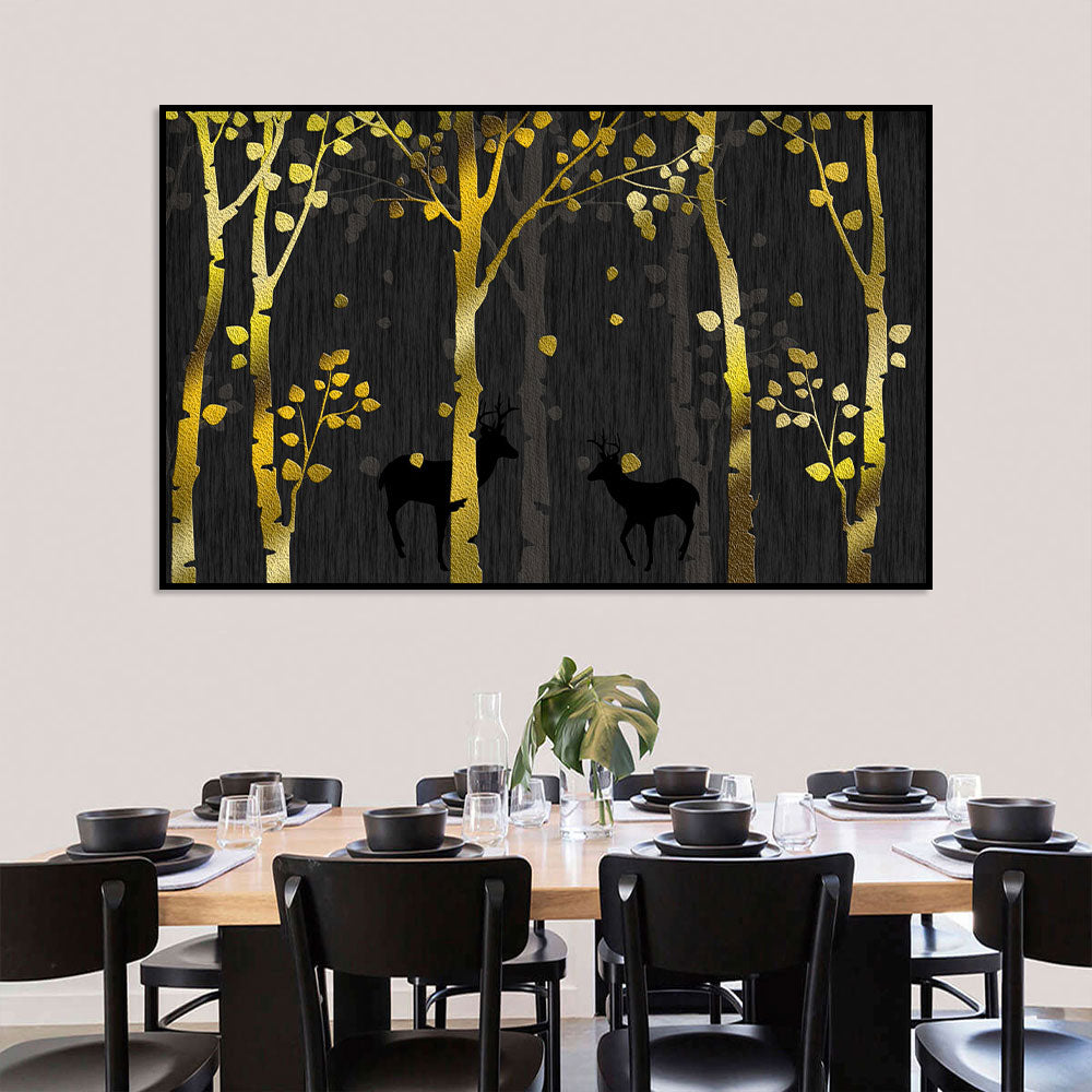 Golden Forest Deer Silhouette Canvas Wall Art