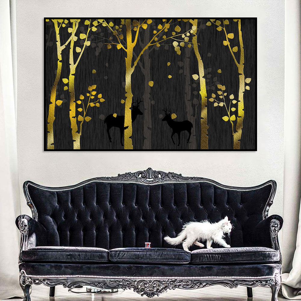 Golden Forest Deer Silhouette Canvas Wall Art