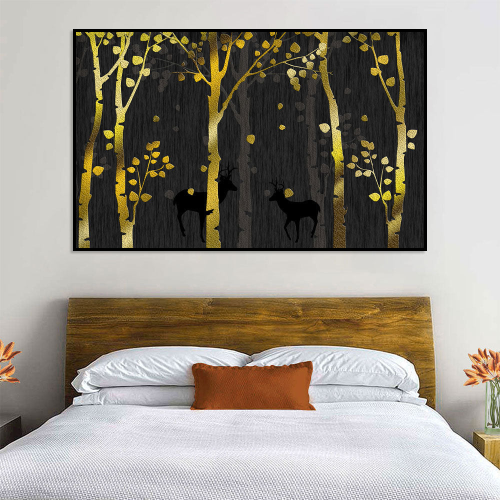 Golden Forest Deer Silhouette Canvas Wall Art