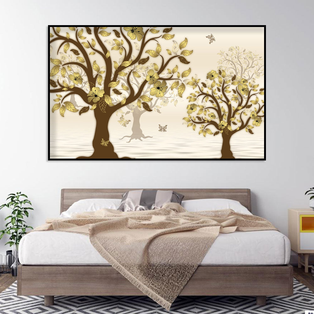 Golden Blossoms and Butterfly Trees Canvas Wall Art