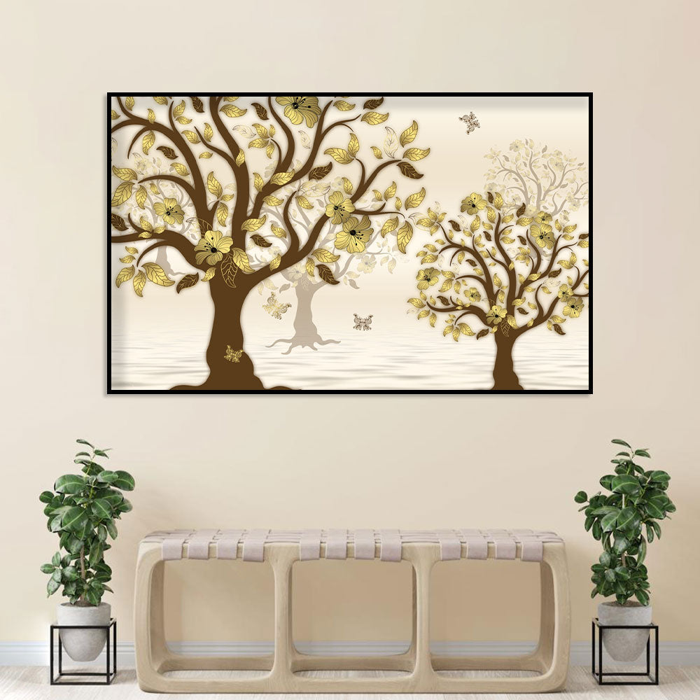 Golden Blossoms and Butterfly Trees Canvas Wall Art