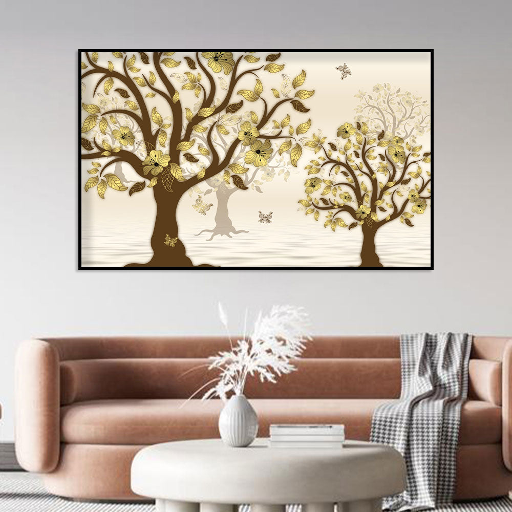 Golden Blossoms and Butterfly Trees Canvas Wall Art