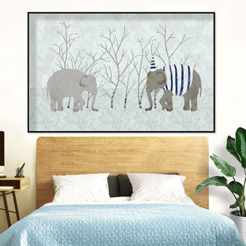 Playful Elephants in Winter Canvas Wall Art