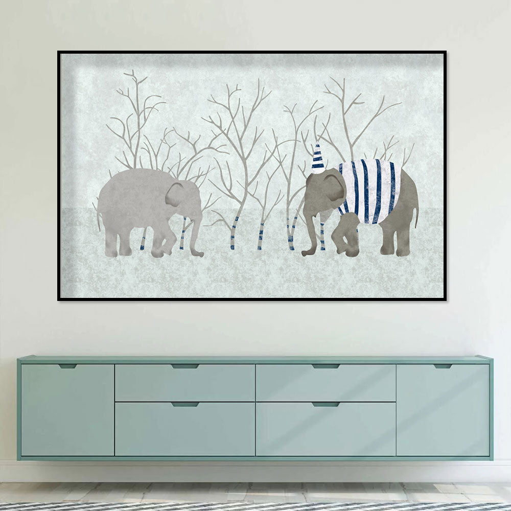 Playful Elephants in Winter Canvas Wall Art