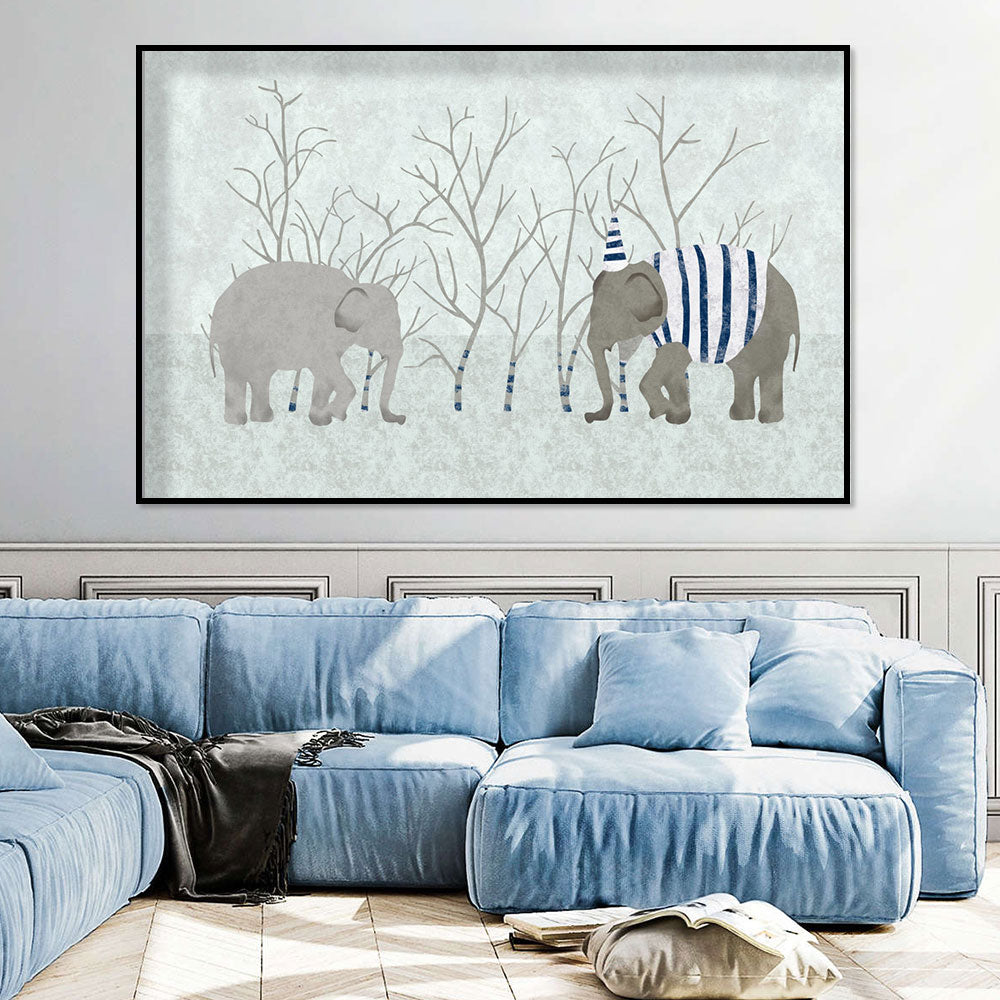 Playful Elephants in Winter Canvas Wall Art