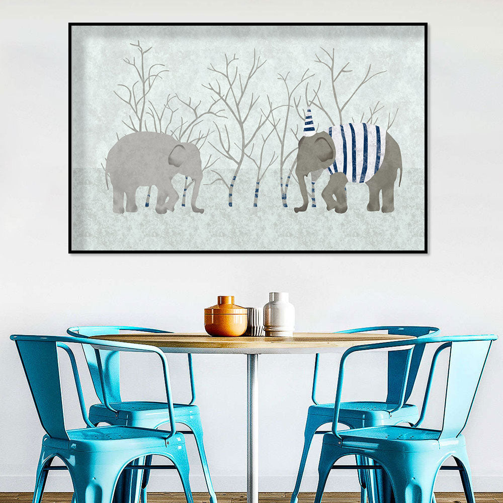 Playful Elephants in Winter Canvas Wall Art