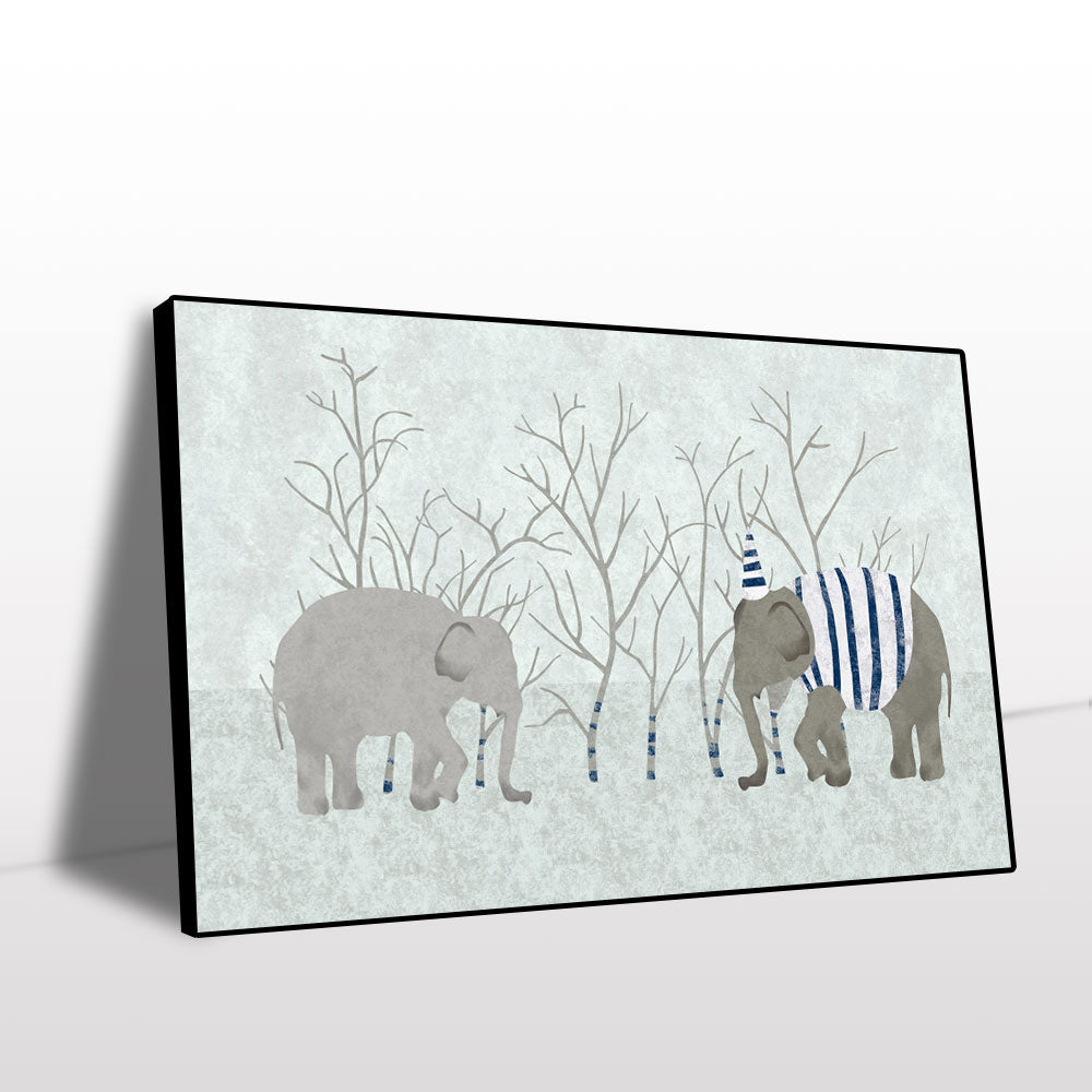 Playful Elephants in Winter Canvas Wall Art