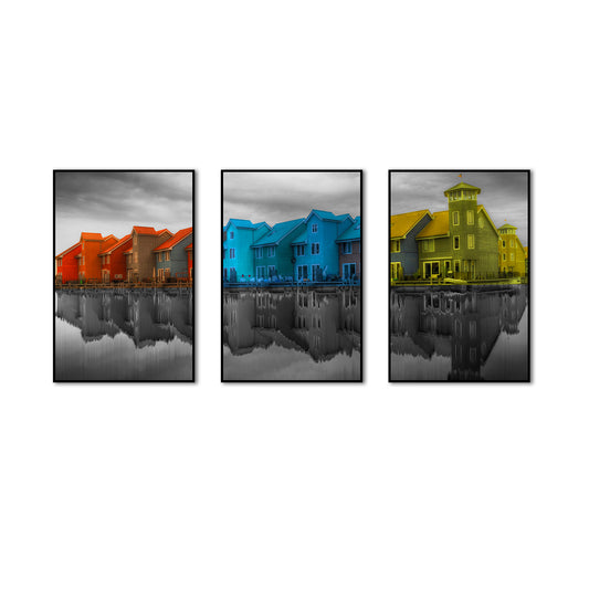 3 Piece Nordic Colorful Houses at Water Edge Canvas Wall Art