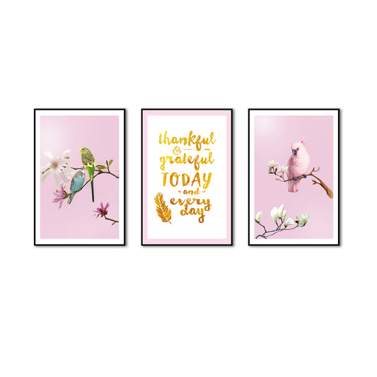 3 Piece Nordic Pink Parrot and Flower Canvas Wall Art