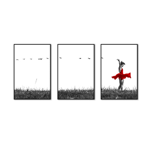 3 Piece Black and White Dancing on Grass Canvas Wall Art