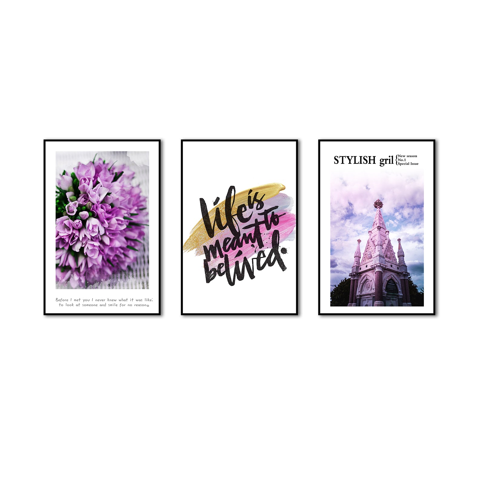 3 Piece Nordic Pink Flowers and Quotes Canvas Wall Art