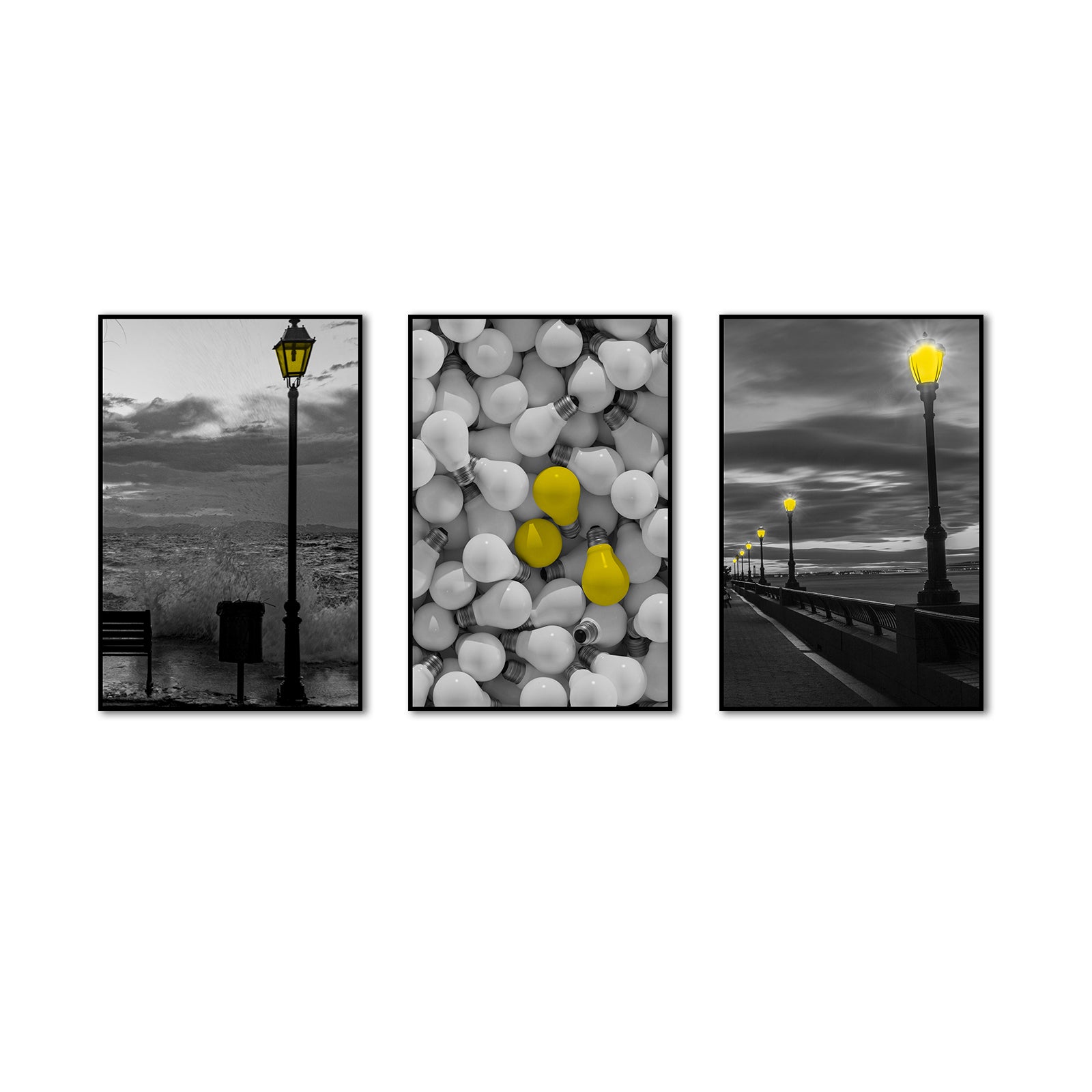 3 Piece Nordic Street Light Night View and Bulbs Canvas Wall Art