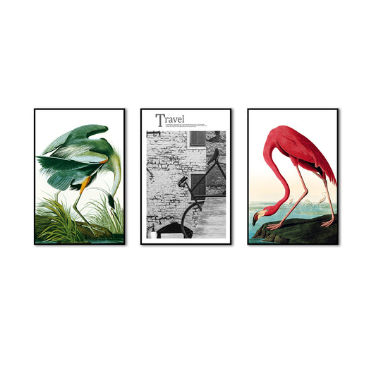 3 Piece Nordic Green and Red Flamingo Canvas Wall Art