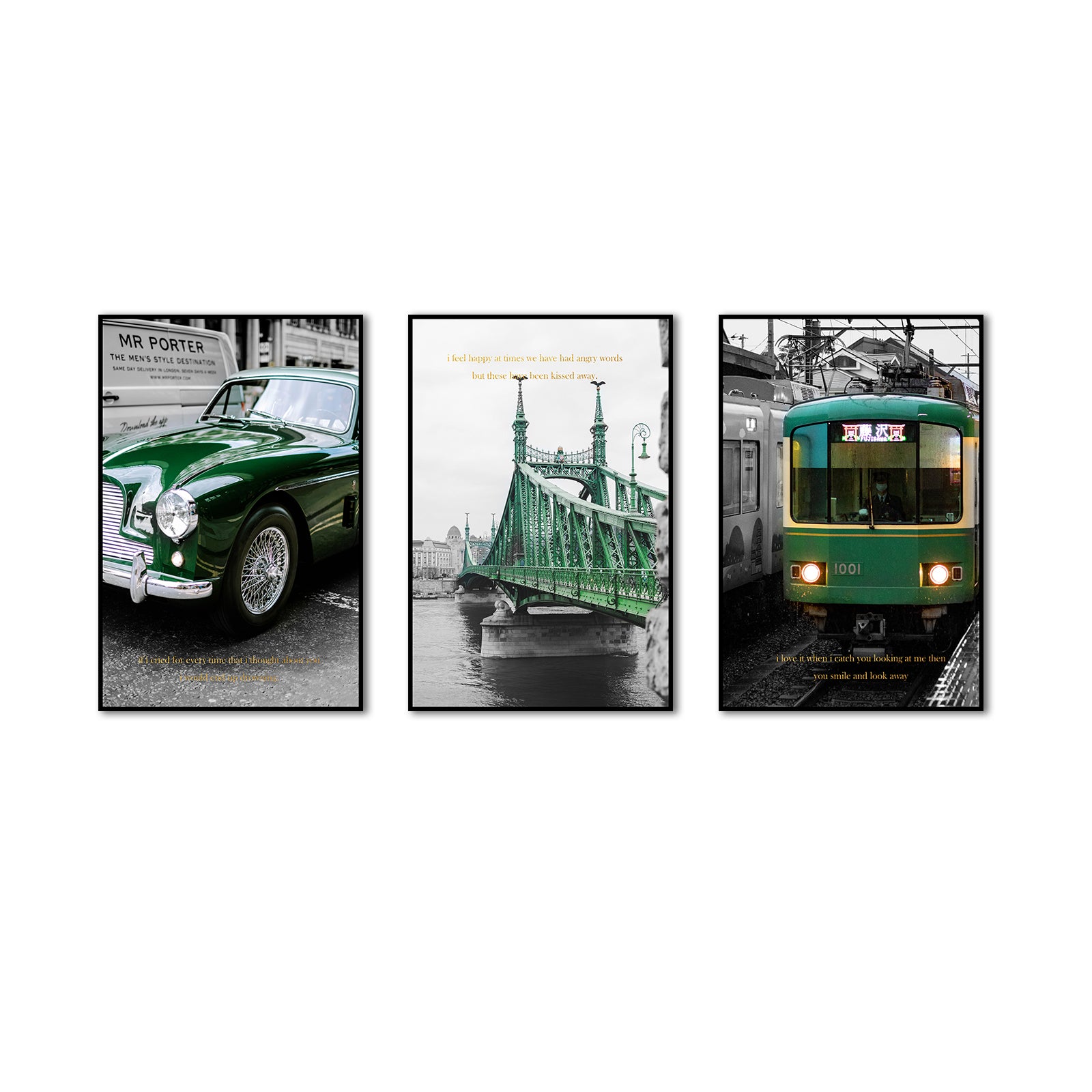 3 Piece Nordic Green Train and Car Canvas Wall Art