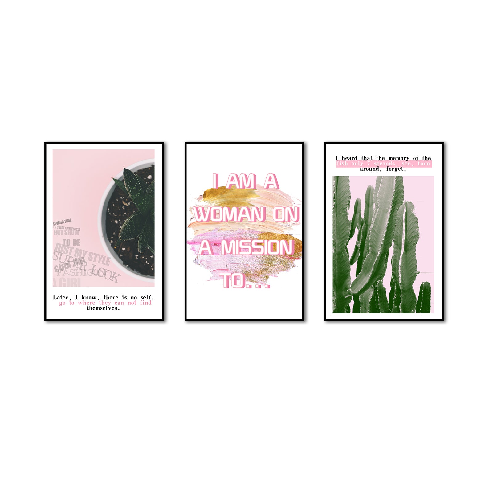 3 Piece Nordic Pink Letters and Cactus Canvas Wall Art