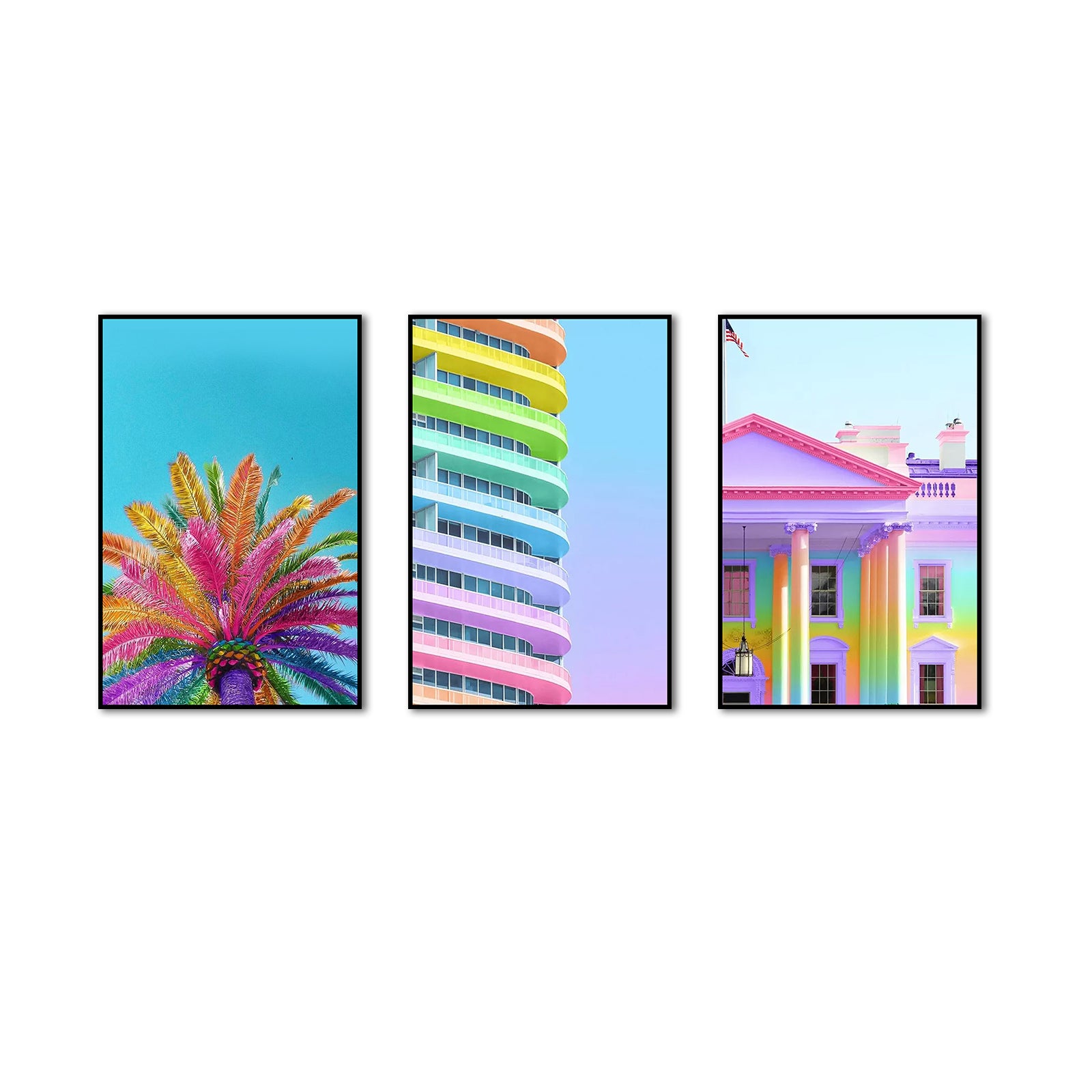 3 Piece Nordic Colorful Building and Pink Flower Canvas Wall Art