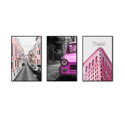 3 Piece Nordic Red Architecture and Car Canvas Wall Art