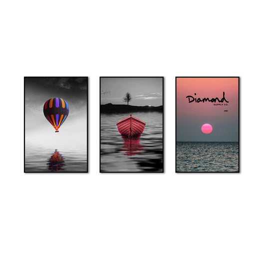 3 Piece Nordic Colorful Balloon and Boat in Sunset Canvas Wall Art