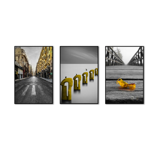 3 Piece Nordic Yellow Street and Leaf Canvas Wall Art